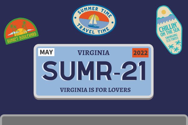 A collection of travel patches, including a Virginia license plate, with the words "SUMR-21" and "Virginia is for Lovers"